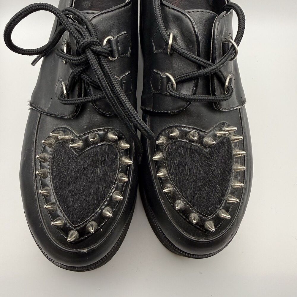 Demonia Size 8 Black Studded Heart Shoes Gothic Punk Lace-Up Platforms Vegan - Picture 2 of 11